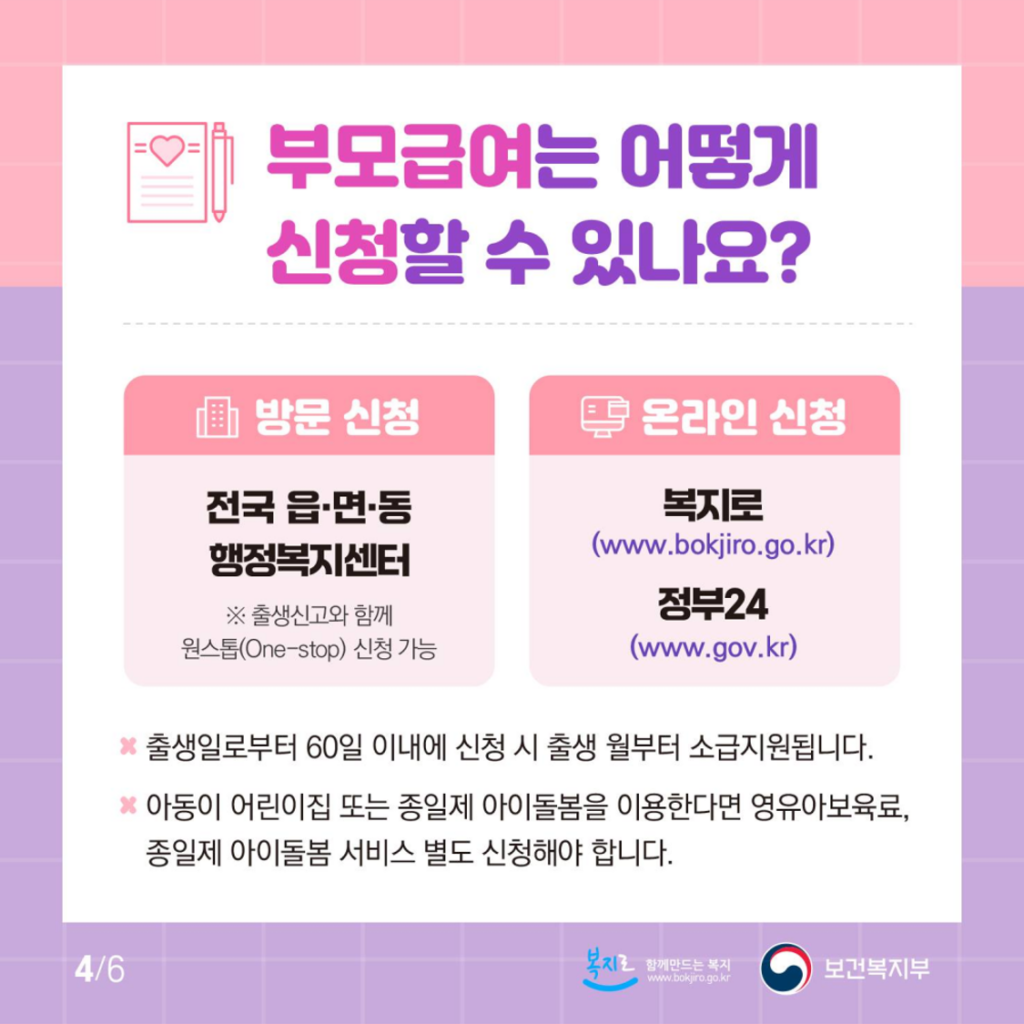 방문신청 및 온라인(복지로, 정부24)을 통한 신청.